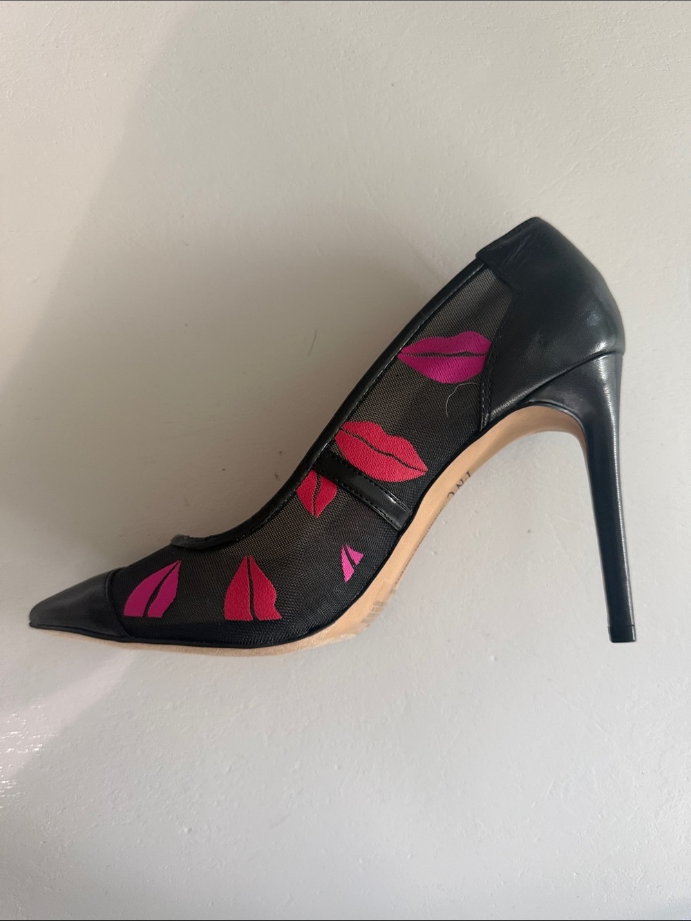 adidas Black Pointed-Toe Stiletto Pumps with Pink Lip Prints